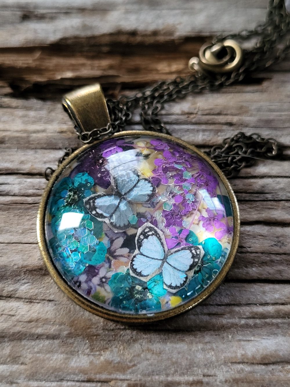 Handcrafted Butterfly Under Glass Pendant Necklace in Teal & Purple
